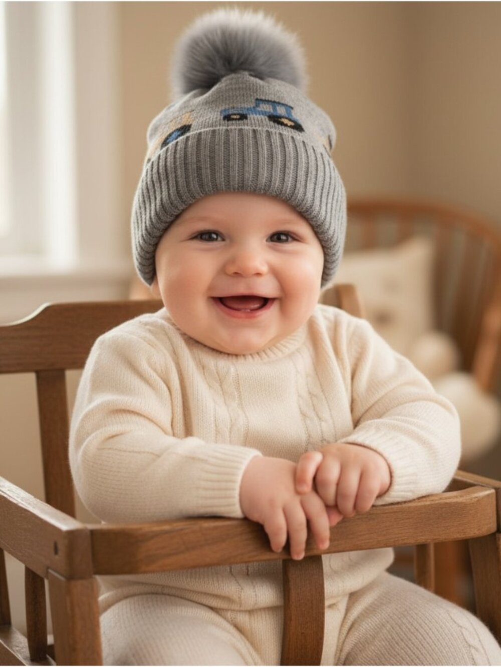 Kids Gray Tractor Pattern Knit Beanie Hat with Grey Faux Fur Pom Pom